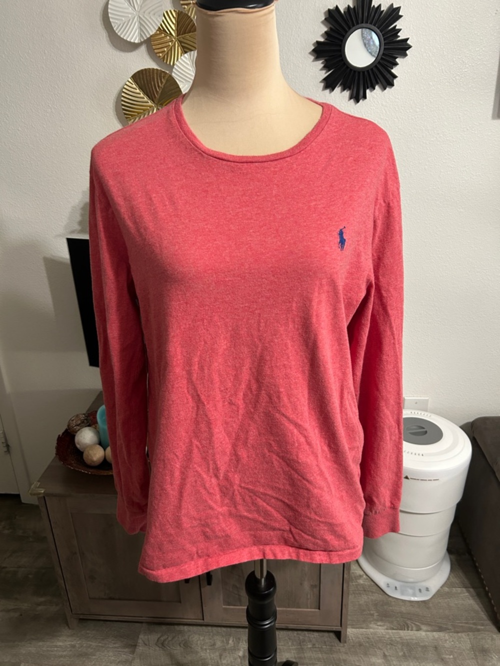 Ralph Lauren Long Sleeve Crewneck Top in Coral Pink with Navy Pony
